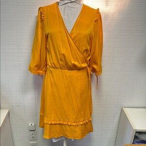 Yellow Ruffled Wrap Dress with Bishop Sleeves